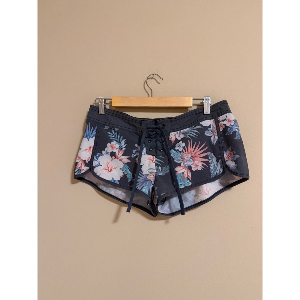 Rip Curl Tropical‎ Floral Board Micro Shorts Grey Pink Hibiscus Lace Up
